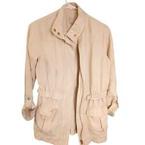 Women's Utility Anorak Jacket Beige Gold Accents Roll Tab Sleeve Cargo size S‎